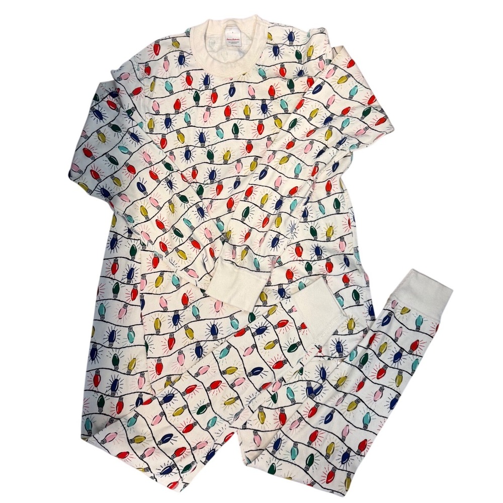 Hanna Andersson Women Small Christmas Lights Organic Cotton Pajama Set Cream - Picture 4 of 6